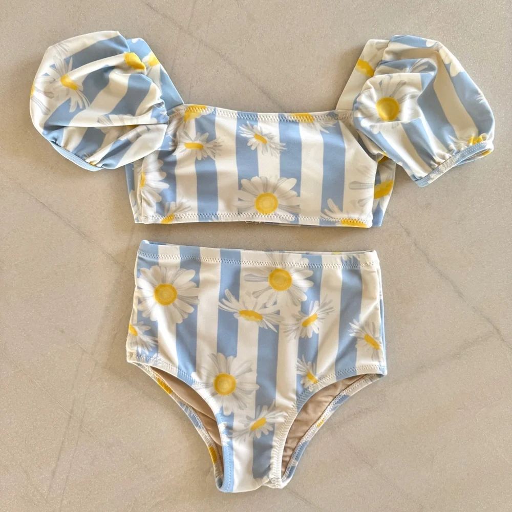 Shade Critters Blue White Daisy Stripe Puff Sleeve High Waist Bikini Girls 3T